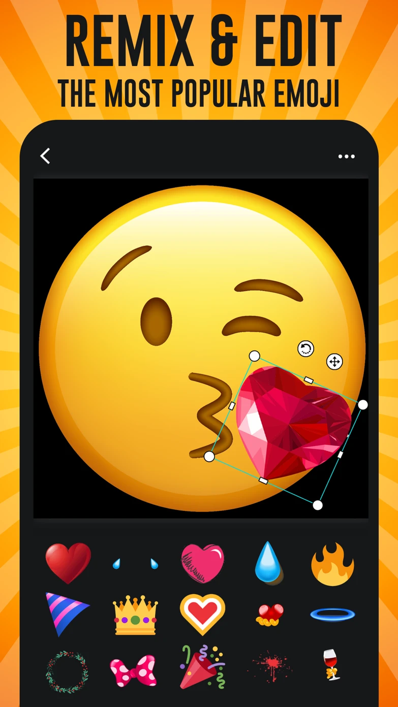 Emoji editor remixing a face-blowing-a-kiss emoji with a red gem heart sticker selected, above a tray of heart, fire, crown and party stickers