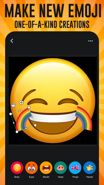Laughing emoji on the canvas with a rainbow sticker being placed, and Body, Eyes, Mouth, Nose, Props and Hands component tabs below