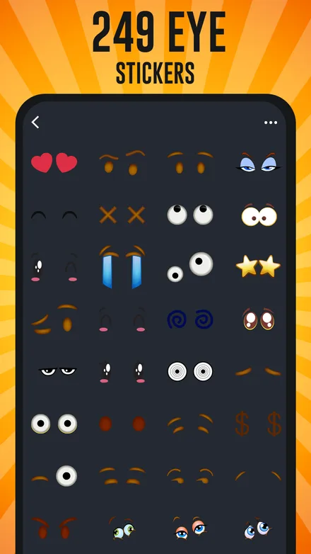 Grid of eye sticker styles to choose from — hearts, stars, spirals, X’s, dollar signs, sleepy lids and cartoon eyes